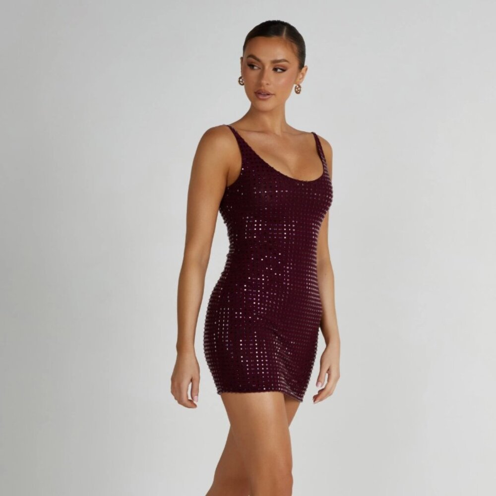 MESHKI Presley Square Diamante Mini Dress - Berry Sz 12